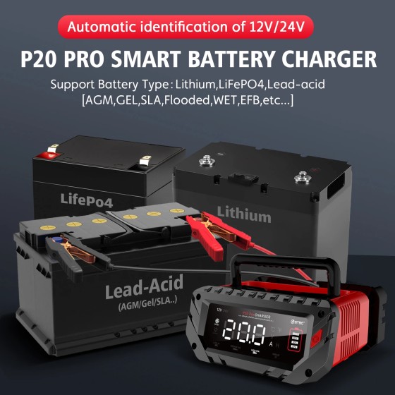 HTRC P20 Pro Portable Battery Charger 12v 20a 20 Car Battery Charger 12 Volt for Lithium Lead Acid Battery